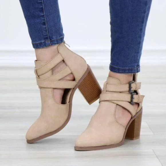 Strappy Taupe Pointy Toe Ankle Boots Faux Leather - Picture 11 of 11